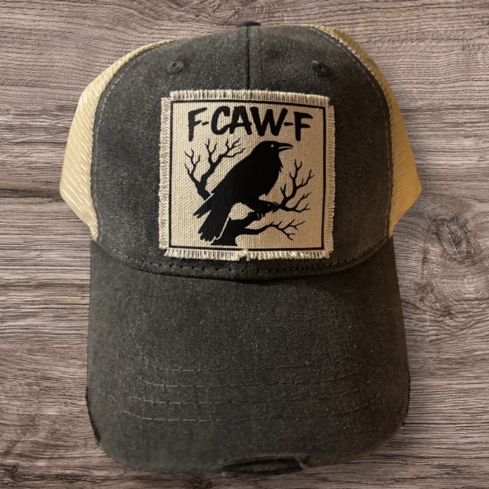 Gray and Tan Trucker Hat with Crow  F-CAW-F Patch